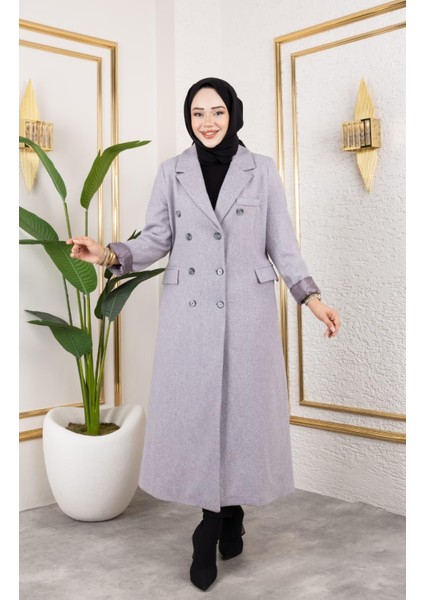 Kadın Astarlı Düğmeli Cepli Uzun Gri Kaşe kaban