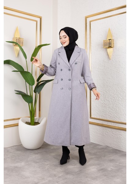 Kadın Astarlı Düğmeli Cepli Uzun Gri Kaşe kaban fiyatları