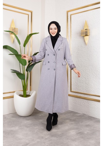 Kadın Astarlı Düğmeli Cepli Uzun Gri Kaşe kaban fırsatları