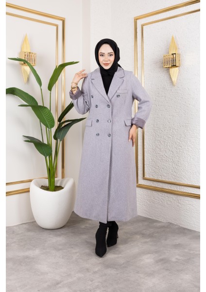 Kadın Astarlı Düğmeli Cepli Uzun Gri Kaşe kaban indirimleri