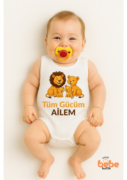 “tüm Gücüm Ailem” Yazılı Aslan Aile Baskılı Bebek Zıbın Body %100 Pamuklu Çıtçıtlı Atlet Tulum Body