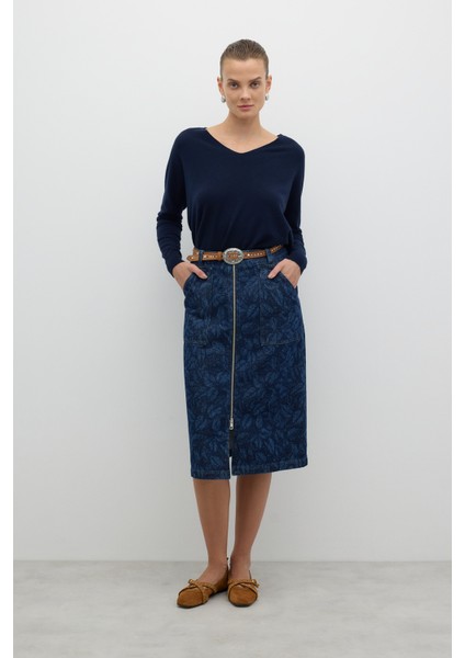 Önden Metal Fermuarlı Çift Cepli Midi Boy Etek Indigo K2615005_043