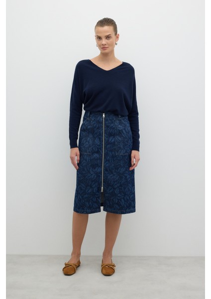 Önden Metal Fermuarlı Çift Cepli Midi Boy Etek Indigo K2615005_043 modelleri