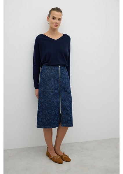 Önden Metal Fermuarlı Çift Cepli Midi Boy Etek Indigo K2615005_043 fırsatları