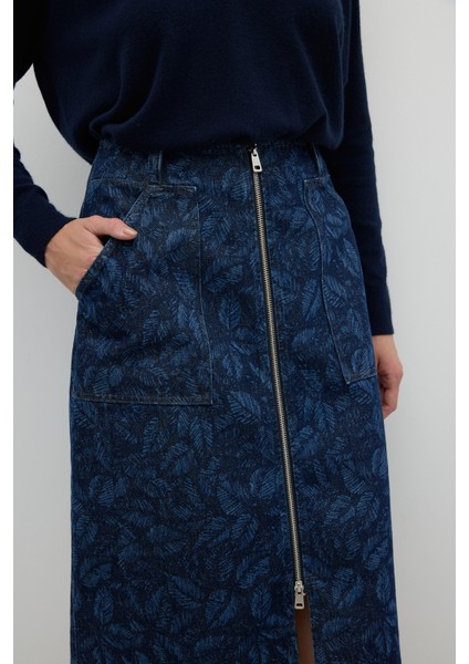 Önden Metal Fermuarlı Çift Cepli Midi Boy Etek Indigo K2615005_043 indirimleri