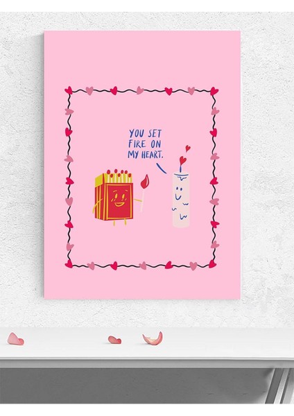 Heart On Fire, Yüreğimdeki Ateş Aşk Çizgi Sanat Poster - Afiş - Dekoratif Duvar Poster