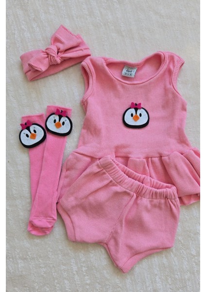 Pembe Ribana Bebek-Çocuk Şort Bluz Bandana Penguen Keçeli Çorap Set Hediyelik
