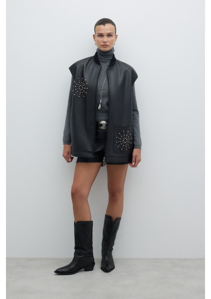 Önü Fermuarlı Trok Detaylı Yelek Siyah K2617003_001