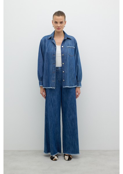 Tek Cepli Düğmeli Denim Gömlek Indigo Y2552005_043