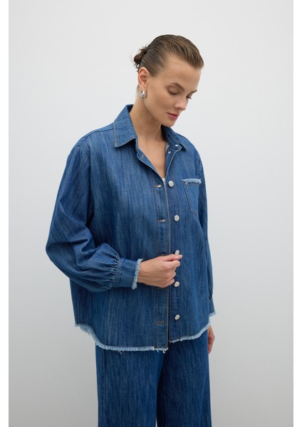 Tek Cepli Düğmeli Denim Gömlek Indigo Y2552005_043 modelleri