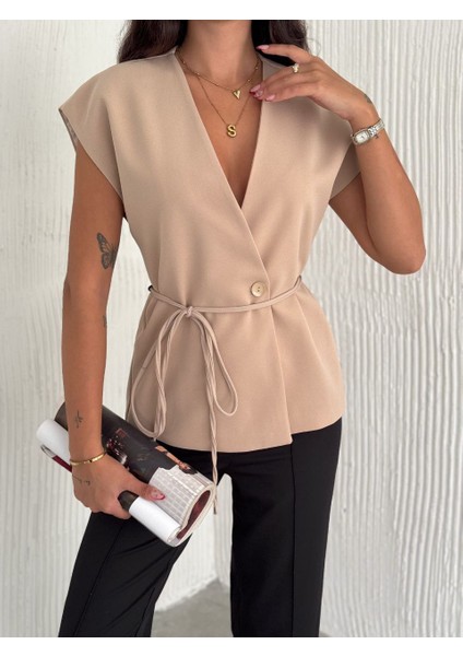 Bej Rengi Kuşak Detaylı V Yaka Şık Bluz fiyatları