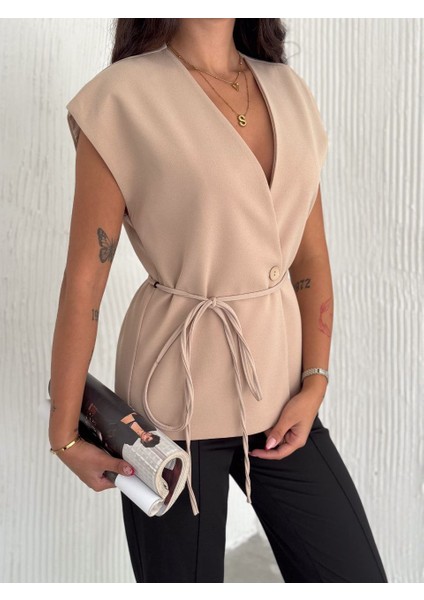 Bej Rengi Kuşak Detaylı V Yaka Şık Bluz modelleri