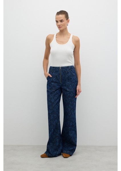 Önü Metal Fermuarlı Çift Cepli Geniş Paça Pantolon Indigo K2612013_043