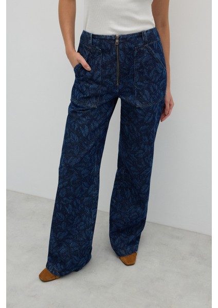 Önü Metal Fermuarlı Çift Cepli Geniş Paça Pantolon Indigo K2612013_043 fırsatları