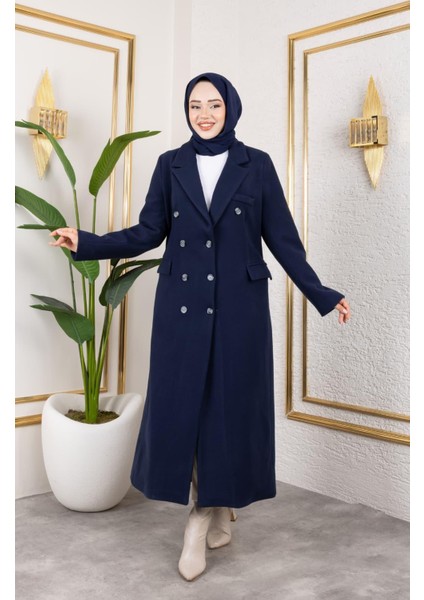 Kadın Astarlı Düğmeli Cepli Uzun Lacivert Kaşe kaban