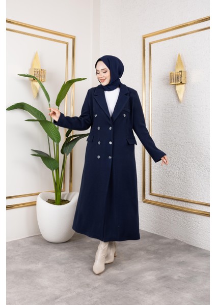 Kadın Astarlı Düğmeli Cepli Uzun Lacivert Kaşe kaban fiyatları