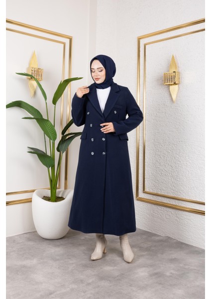 Kadın Astarlı Düğmeli Cepli Uzun Lacivert Kaşe kaban modelleri