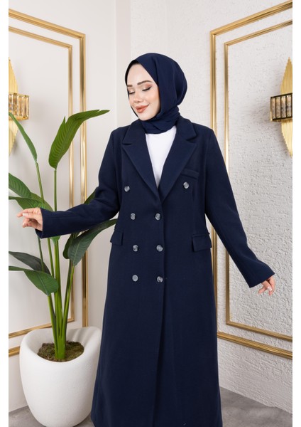 Kadın Astarlı Düğmeli Cepli Uzun Lacivert Kaşe kaban fırsatları