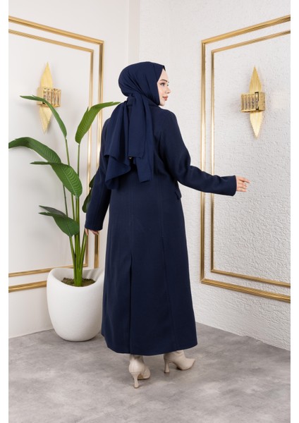 Kadın Astarlı Düğmeli Cepli Uzun Lacivert Kaşe kaban indirimleri