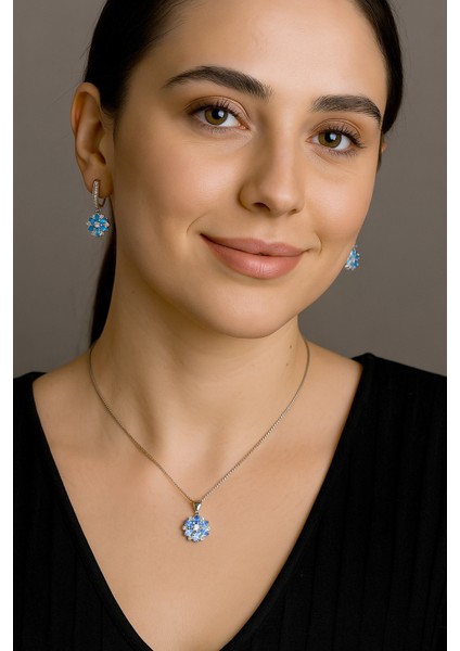 Aquamarin Taşlı Pırlanta Model Lotus Çiçeği Kadın Gümüş Set fiyatları