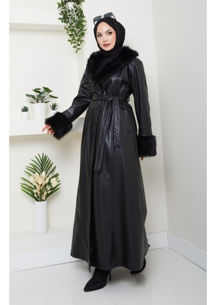 Kadın Kürk Detaylı Fermuarlı Uzun Astarlı Siyah Kap