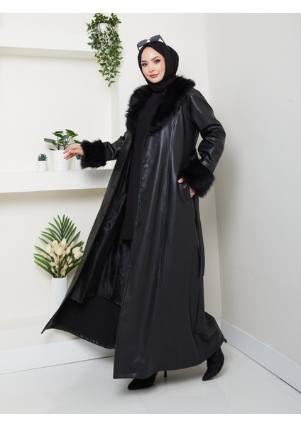 Kadın Kürk Detaylı Fermuarlı Uzun Astarlı Siyah Kap fiyatları