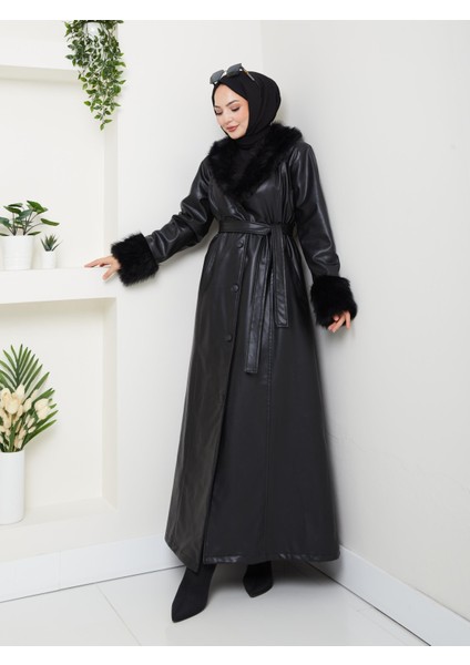 Kadın Kürk Detaylı Fermuarlı Uzun Astarlı Siyah Kap indirimleri