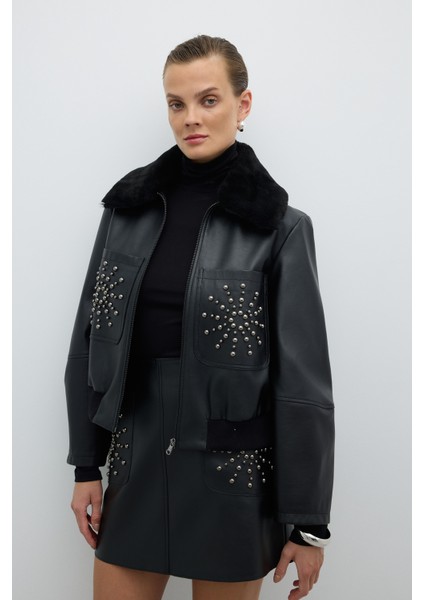 Çıkarılabilir Kürk Yakalı Trok Detaylı Mont Siyah K2617502_001