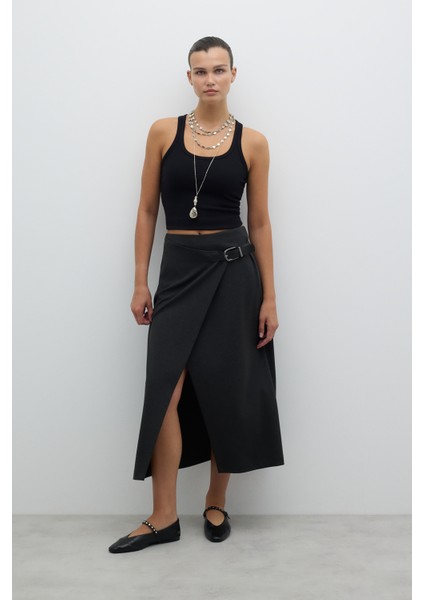 Kruvaze Görünümlü Süs Tokalı Midi Boy Etek K. Antrasit K2625002_286