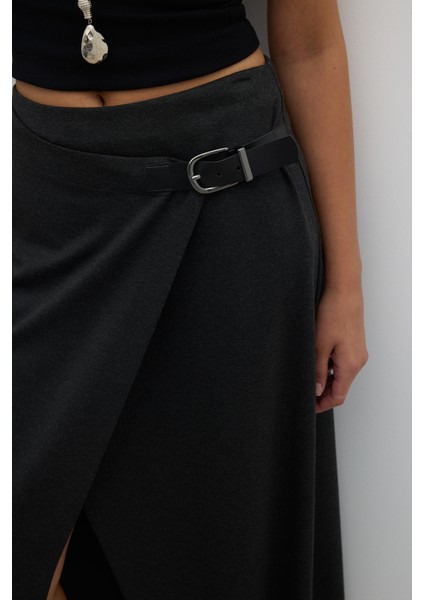 Kruvaze Görünümlü Süs Tokalı Midi Boy Etek K. Antrasit K2625002_286 indirimleri