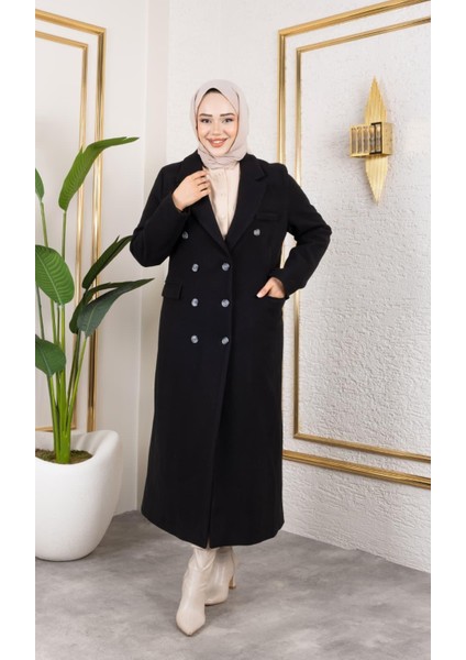 Kadın Astarlı Düğmeli Cepli Uzun Siyah Kaşe kaban