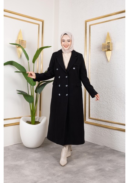 Kadın Astarlı Düğmeli Cepli Uzun Siyah Kaşe kaban fiyatları