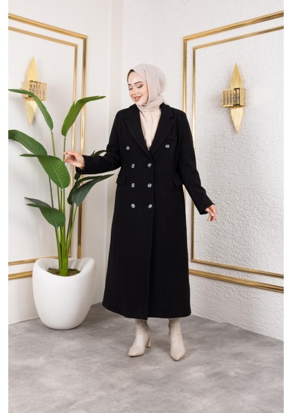 Kadın Astarlı Düğmeli Cepli Uzun Siyah Kaşe kaban modelleri