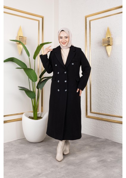 Kadın Astarlı Düğmeli Cepli Uzun Siyah Kaşe kaban fırsatları