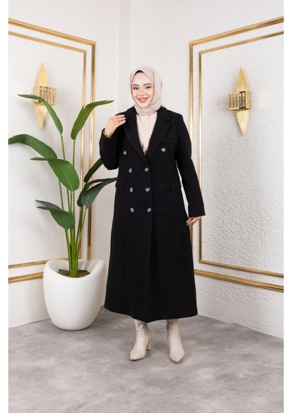Kadın Astarlı Düğmeli Cepli Uzun Siyah Kaşe kaban indirimleri