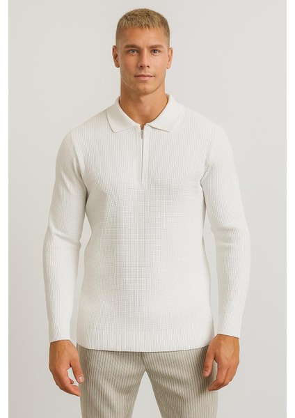 Erkek Tam Kalıp Düz Renk Polo Yaka Fermuarlı Uzun Kollu Triko Kazak - LP903