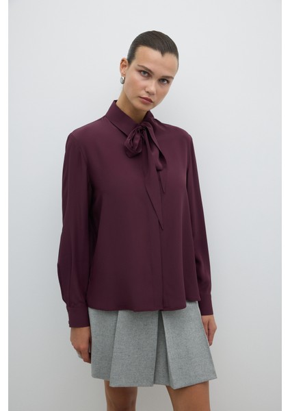 Yakası Fular Detaylı Gömlek Bordo K2613523_008
