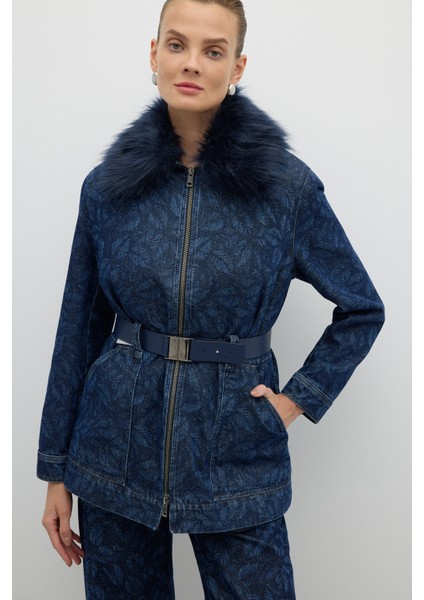 Çıkarılabilir Kürk Yakalı Beli Kemerli Ceket Indigo K2616007_043