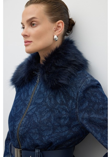 Çıkarılabilir Kürk Yakalı Beli Kemerli Ceket Indigo K2616007_043 modelleri