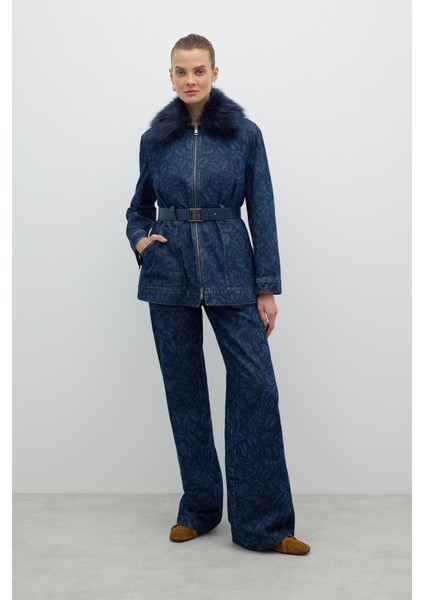 Çıkarılabilir Kürk Yakalı Beli Kemerli Ceket Indigo K2616007_043 fırsatları