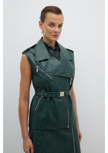 Çıkarılabilir Kemer ve Çıtçıt Detaylı Kruvaze Yelek Yeşil K2617011_012