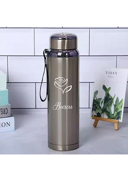 1 Litre Paslanmaz Çelik Gül Baskılı Termos 12 Saat Sıcak Soğuk Tutma Dayanıklı Yapı