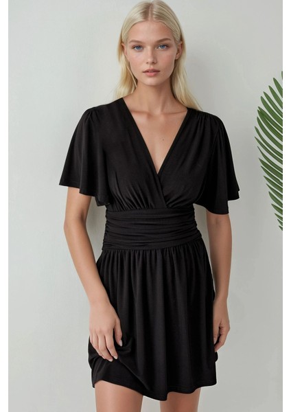 Kadın V Yaka Kısa Kol Büzgülü Mini Elbise Black