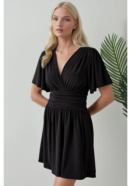 Kadın V Yaka Kısa Kol Büzgülü Mini Elbise Black fiyatları