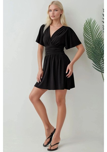 Kadın V Yaka Kısa Kol Büzgülü Mini Elbise Black modelleri