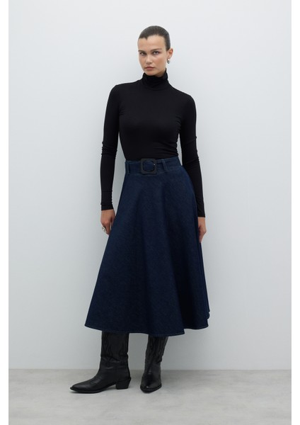 Beli Kemerli Denim Kloş Midi Boy Etek Lacivert K2615019_015