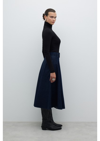 Beli Kemerli Denim Kloş Midi Boy Etek Lacivert K2615019_015 modelleri