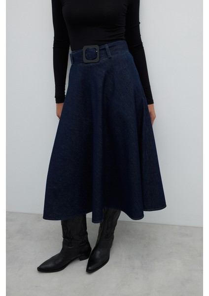 Beli Kemerli Denim Kloş Midi Boy Etek Lacivert K2615019_015 fırsatları