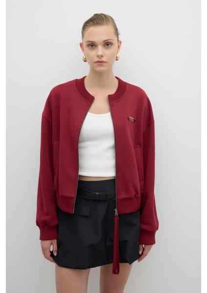 Nakışlı Önden Fermuarlı Bomber Bordo K2623825_008