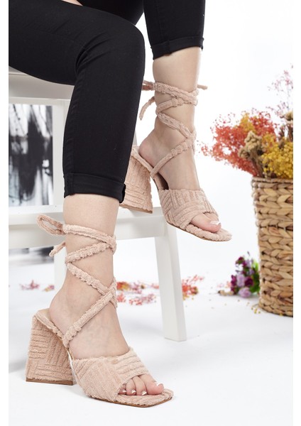 Günlük Kadın Havlu Sadalet Terlik Bilekten Bağcıklı Esnek Yumuşak Yüksek Topuklu Ayakkabı 132